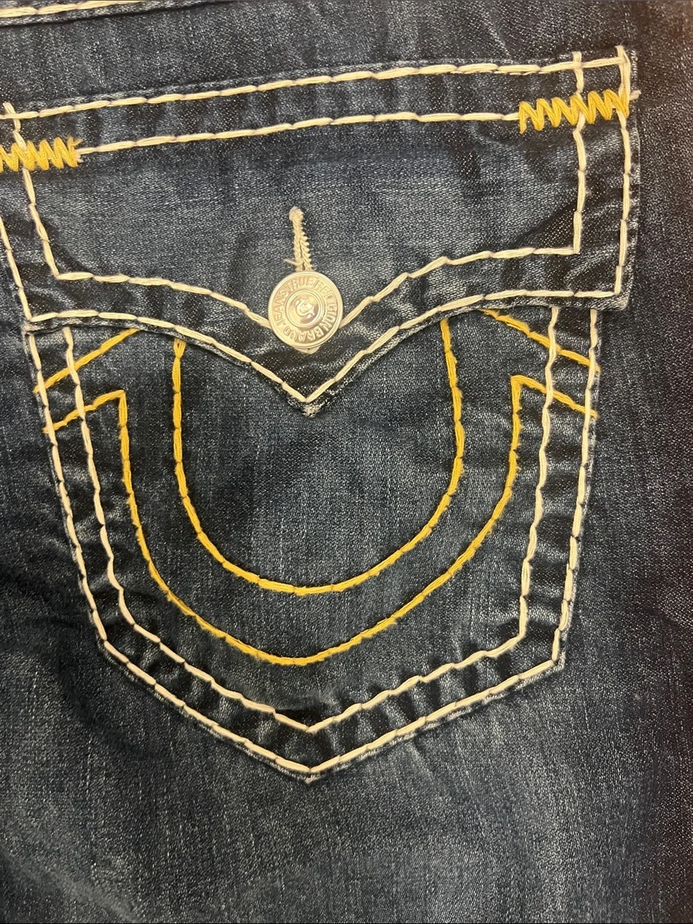 True Religion Ricky Straight Leg Dark Blue Denim Jeans with Contrast Stitching